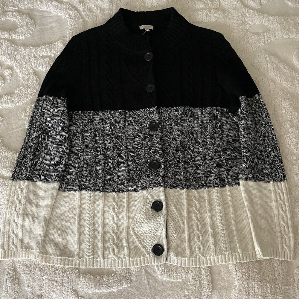 Talbots Cardigan Sweater Womens X Black White Button Up Cable Knit Fisherman NWT